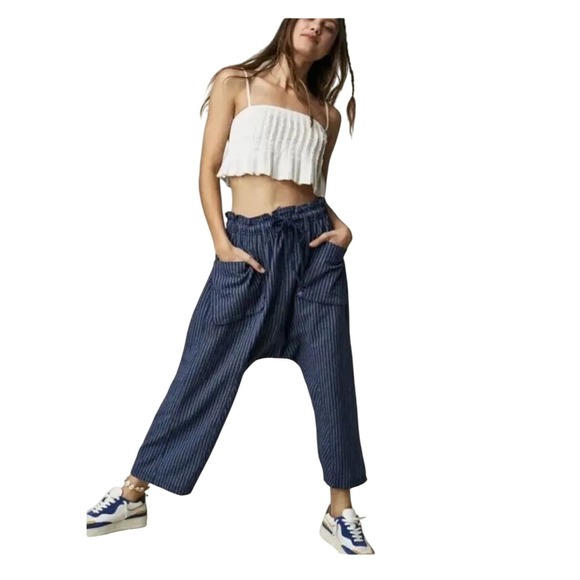 Free People Runyon Harem Pants Striped Blue Casual Comfy Women's - Picture 1 of 2